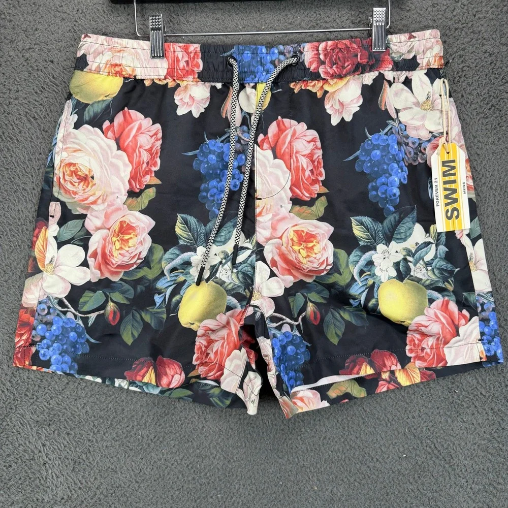Forever 21 Men Floral Fruit Print Swim Trunks Black Large NWT 11932-001